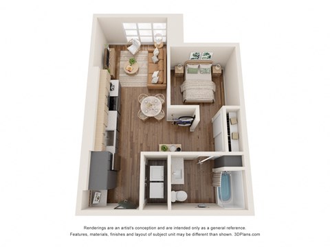 a stylized floor plan with a bedroom and a living room